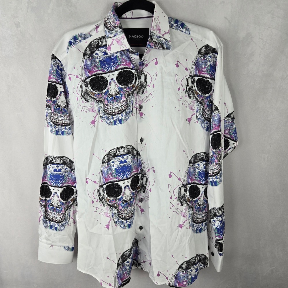 Maceoo Mens Skull Sunglasses Paint Splatter Button Down Italian Shirt White 3/M